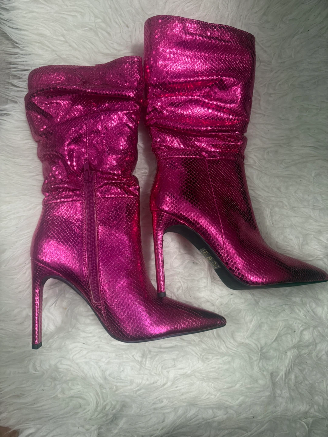 Pink Metallic Snakeskin Pointed Toe Slouch Boots