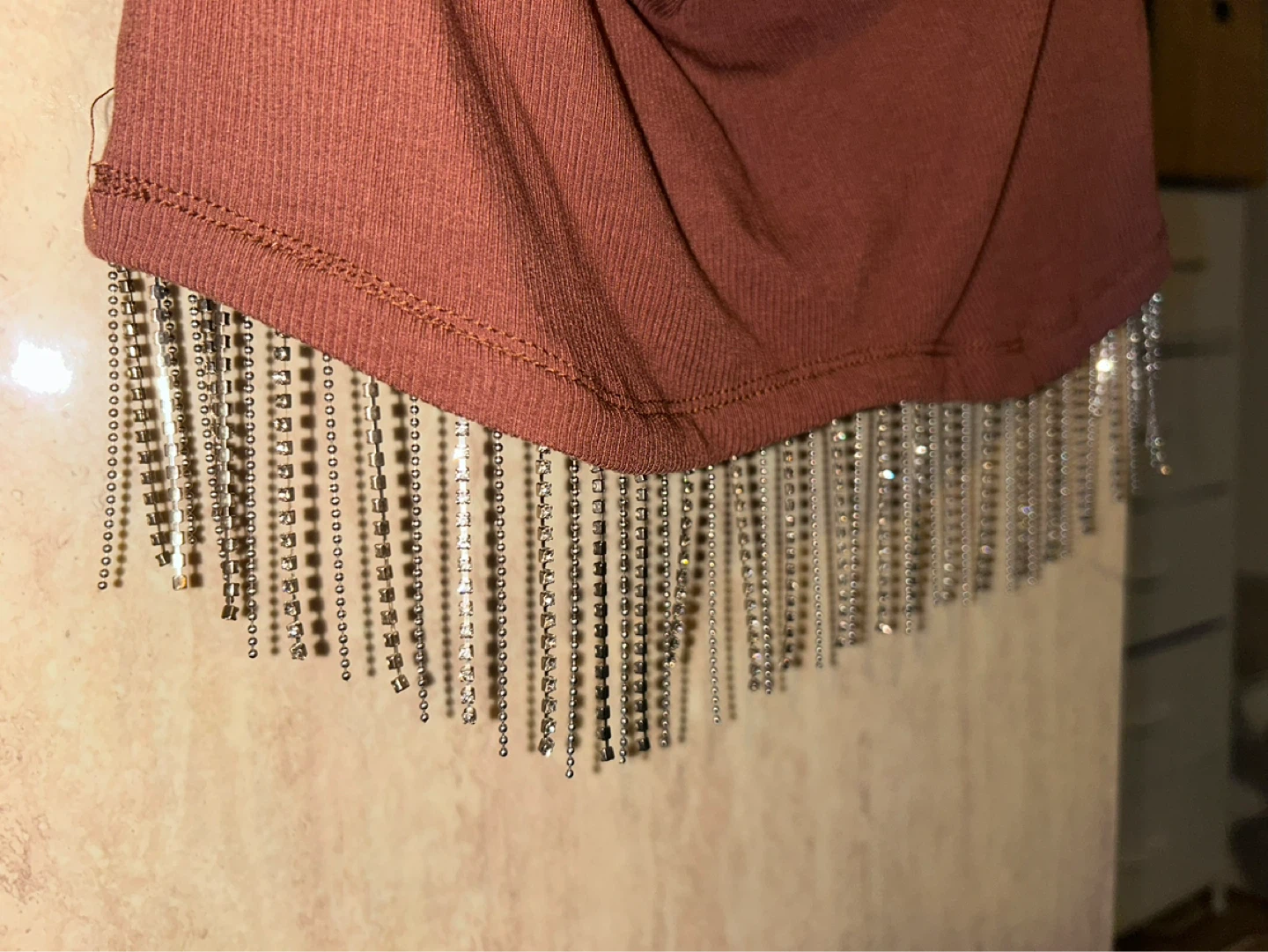 Brown Ribbed Tank Top with Rhinestone Fringe - Size M - photo 2