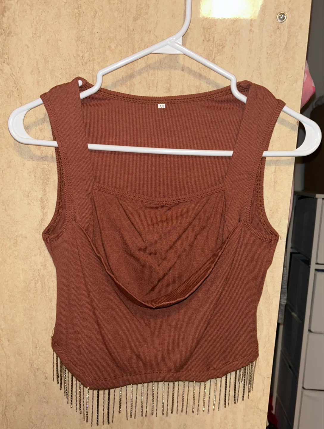 Brown Ribbed Tank Top with Rhinestone Fringe - Size M