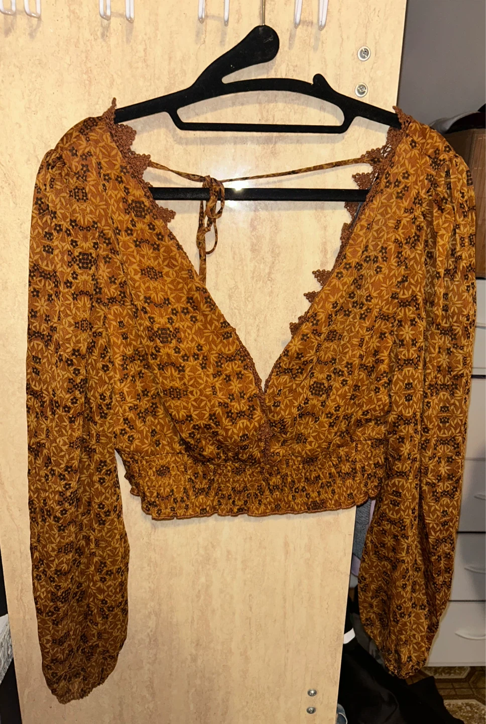 Brown floral print cropped peasant blouse