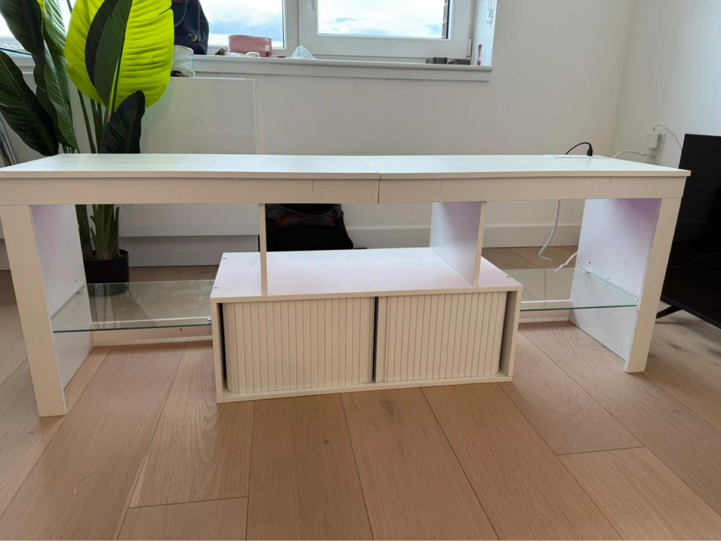 White Desk with Storage and Glass Shelves