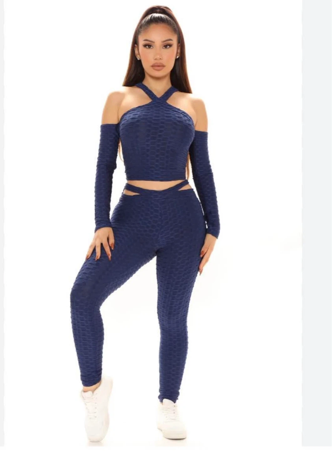 Fashion Nova Navy Blue Textured Activewear Set