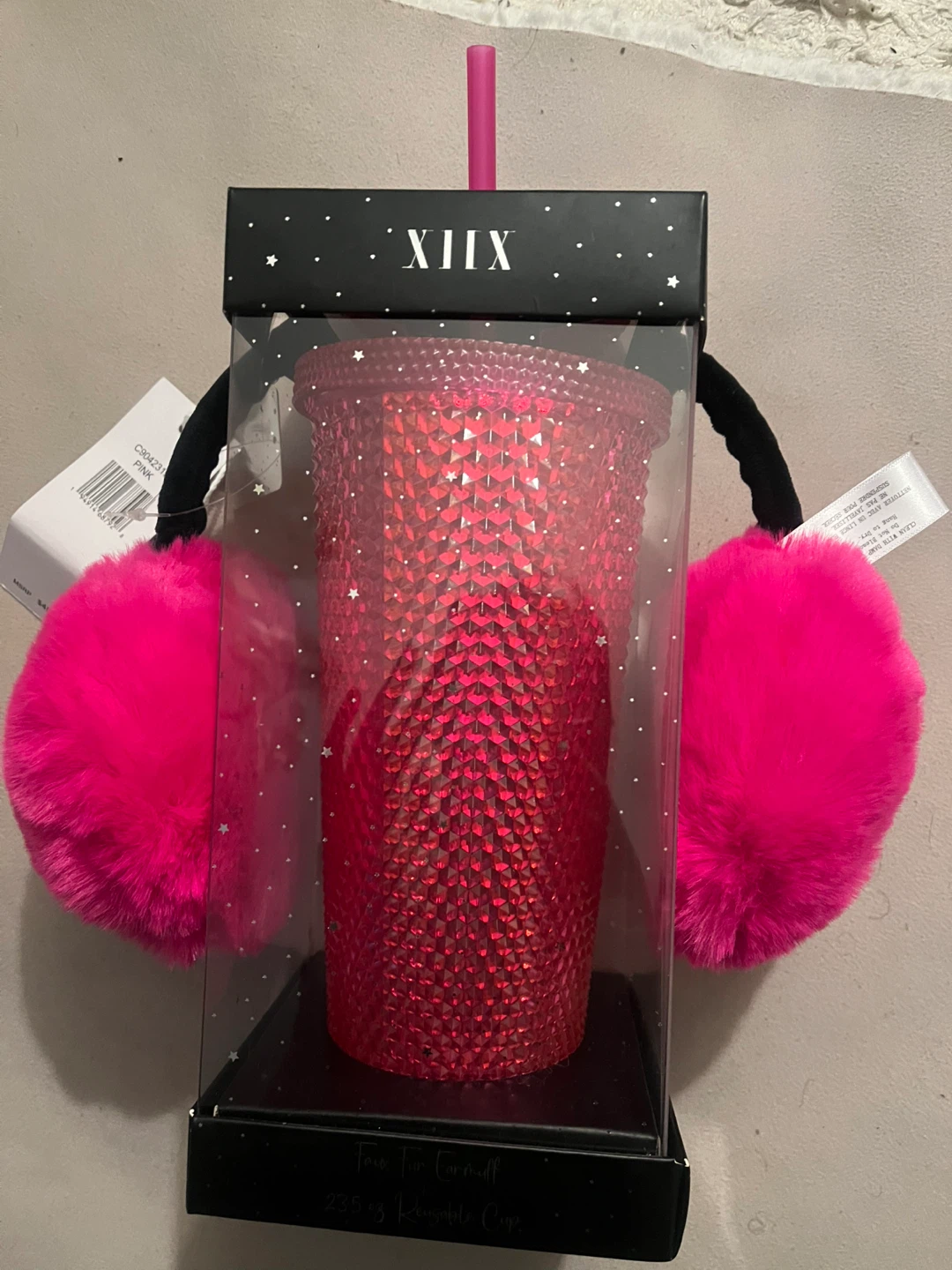 Pink rhinestone tumbler + earmuff gift set