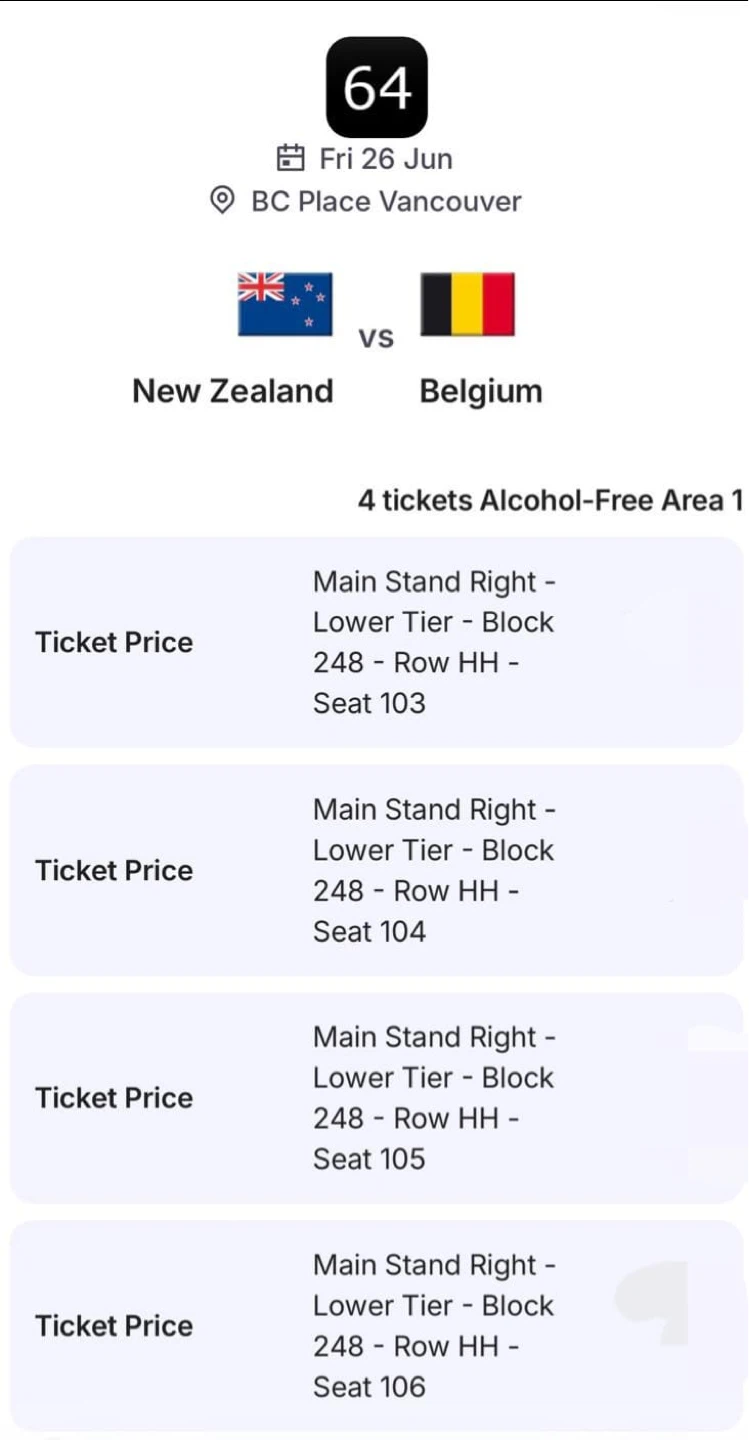 New Zealand vs Belgium Soccer Tickets - June 26th