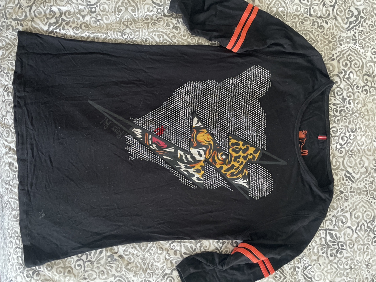 Black Graphic T-Shirt with Orange Stripes