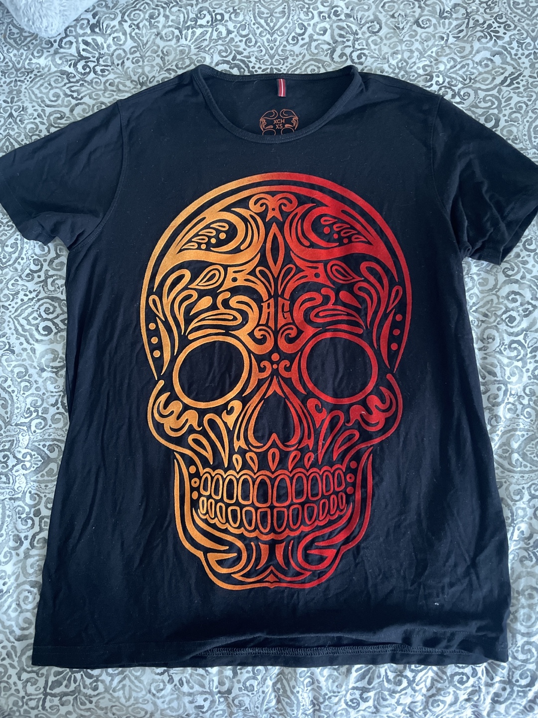 Black Graphic T-Shirt with Skull Design - Size XS