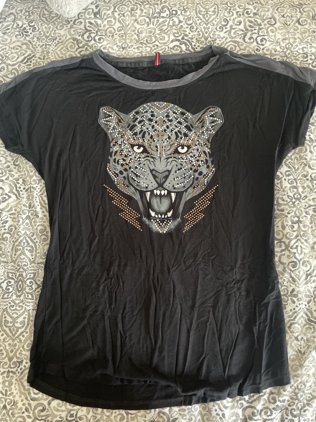 Black Graphic T-Shirt with Crystal Leopard Design