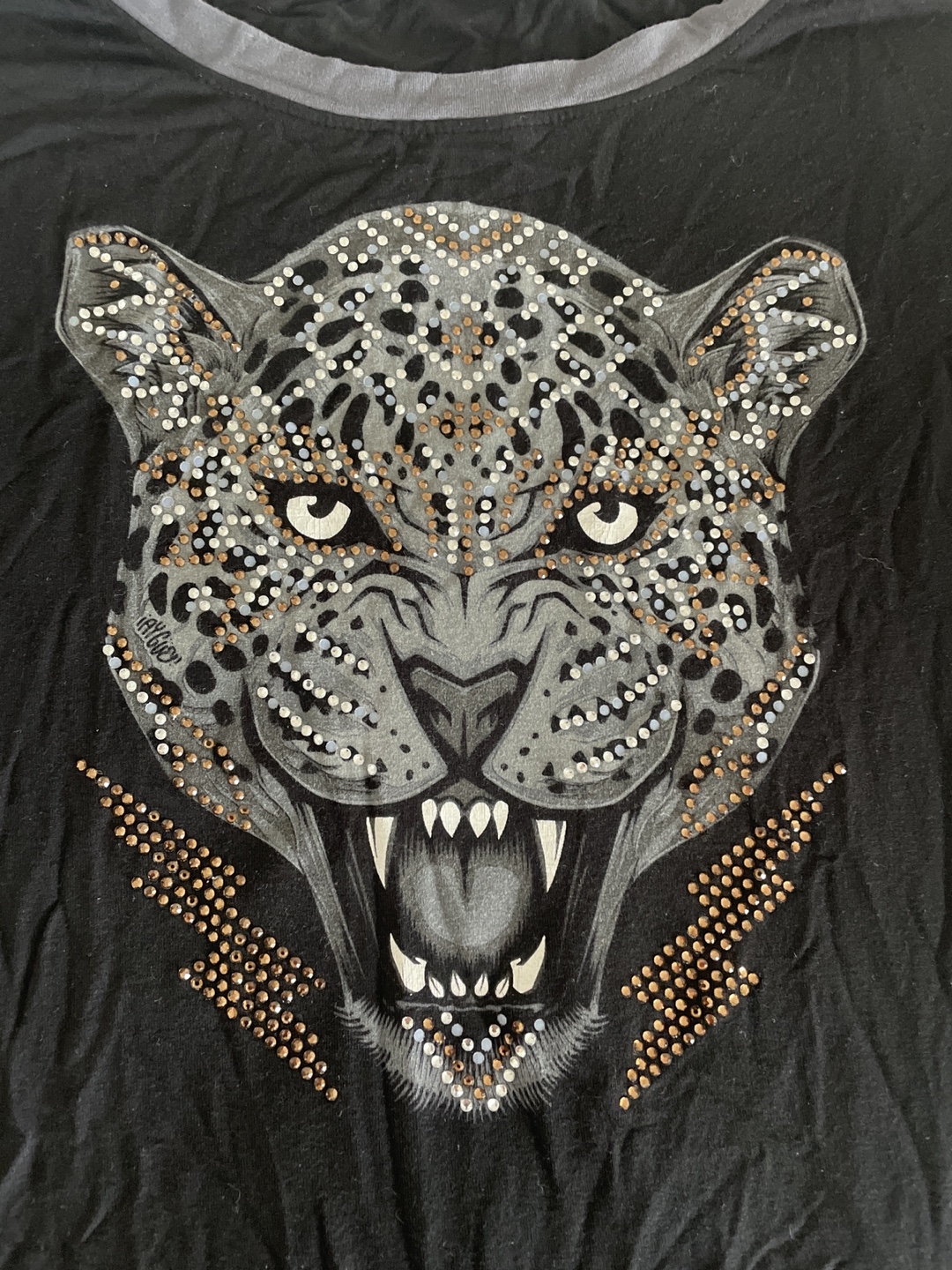 Black Graphic T-Shirt with Crystal Leopard Design - photo 2