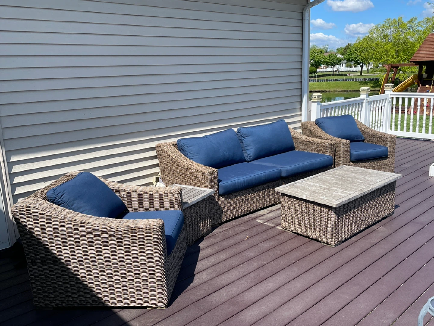 Wicker Outdoor Furniture Set with Blue Cushions