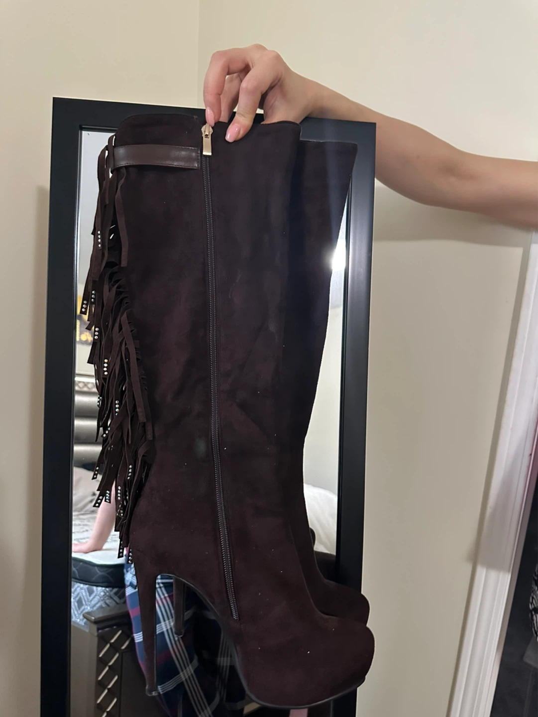 Brown Suede Fringe High Heel Boots