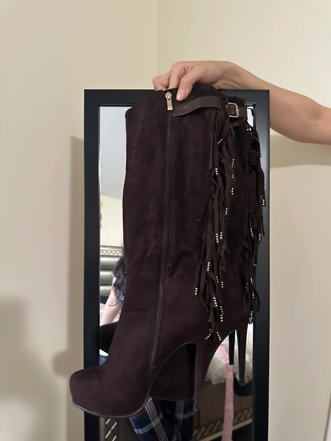 Brown Suede Fringe High Heel Boots - photo 2