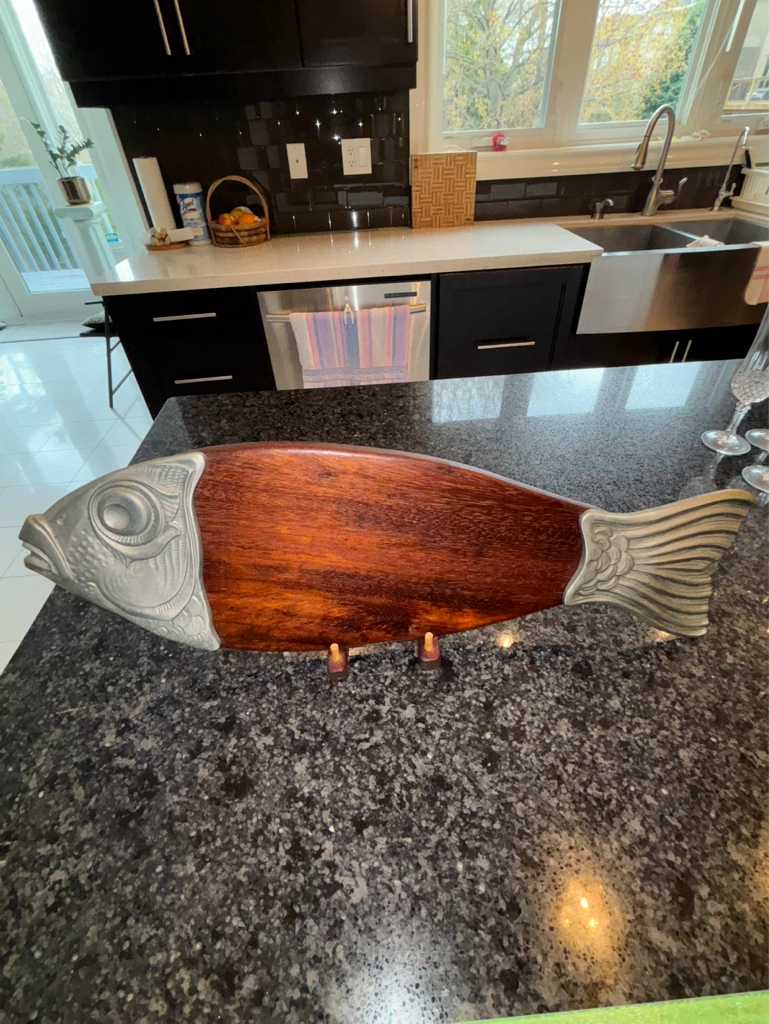 Fish-Shaped Wooden Decorative Board with Pewter Accents