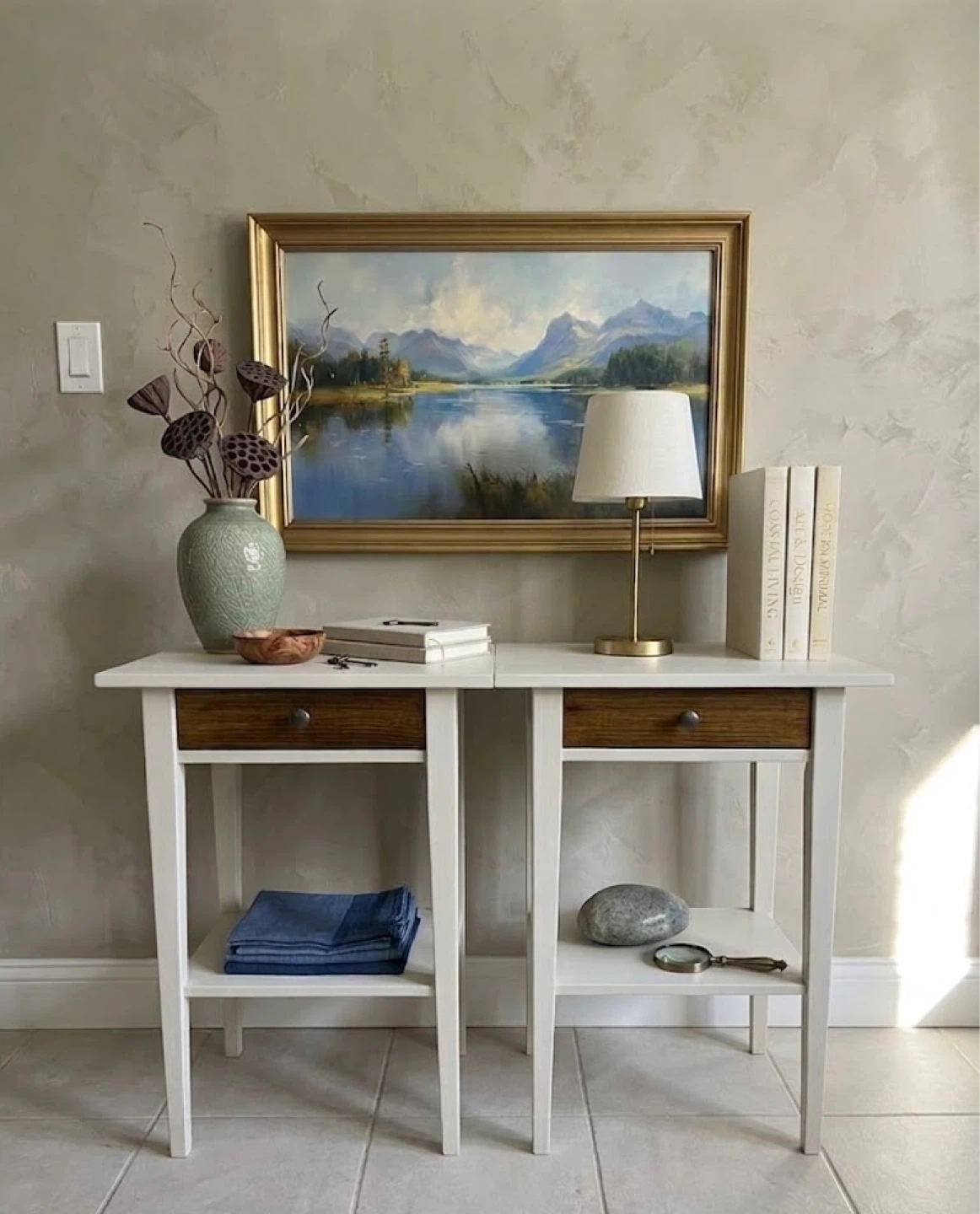 Solid pine wood, Light Beige Side Tables - Set of 2