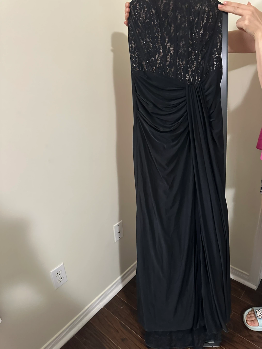 Black Strapless Lace Bodice Gown with High Slit