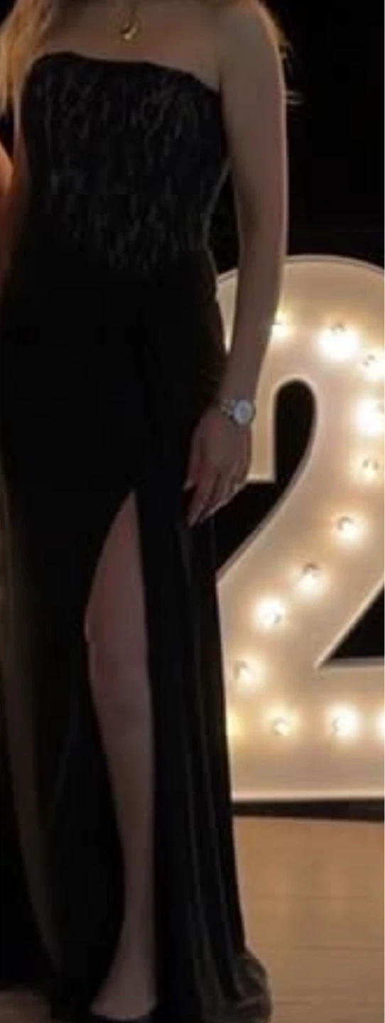 Black Strapless Lace Bodice Gown with High Slit - photo 3