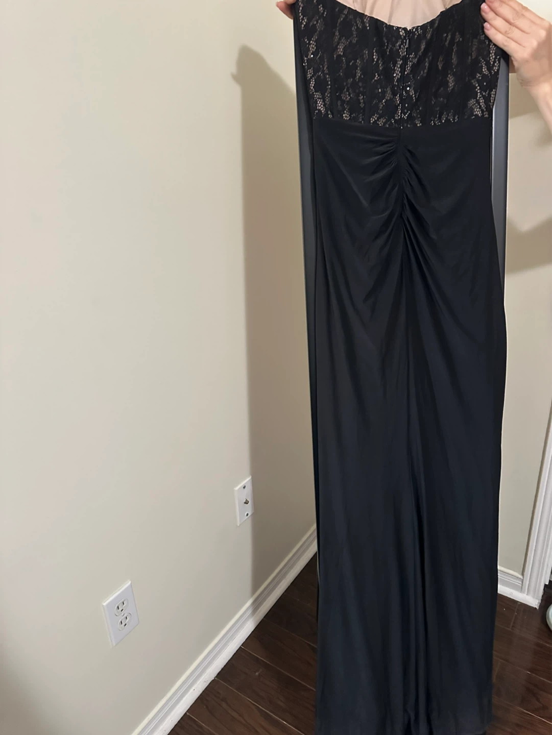 Black Strapless Lace Bodice Gown with High Slit - photo 2