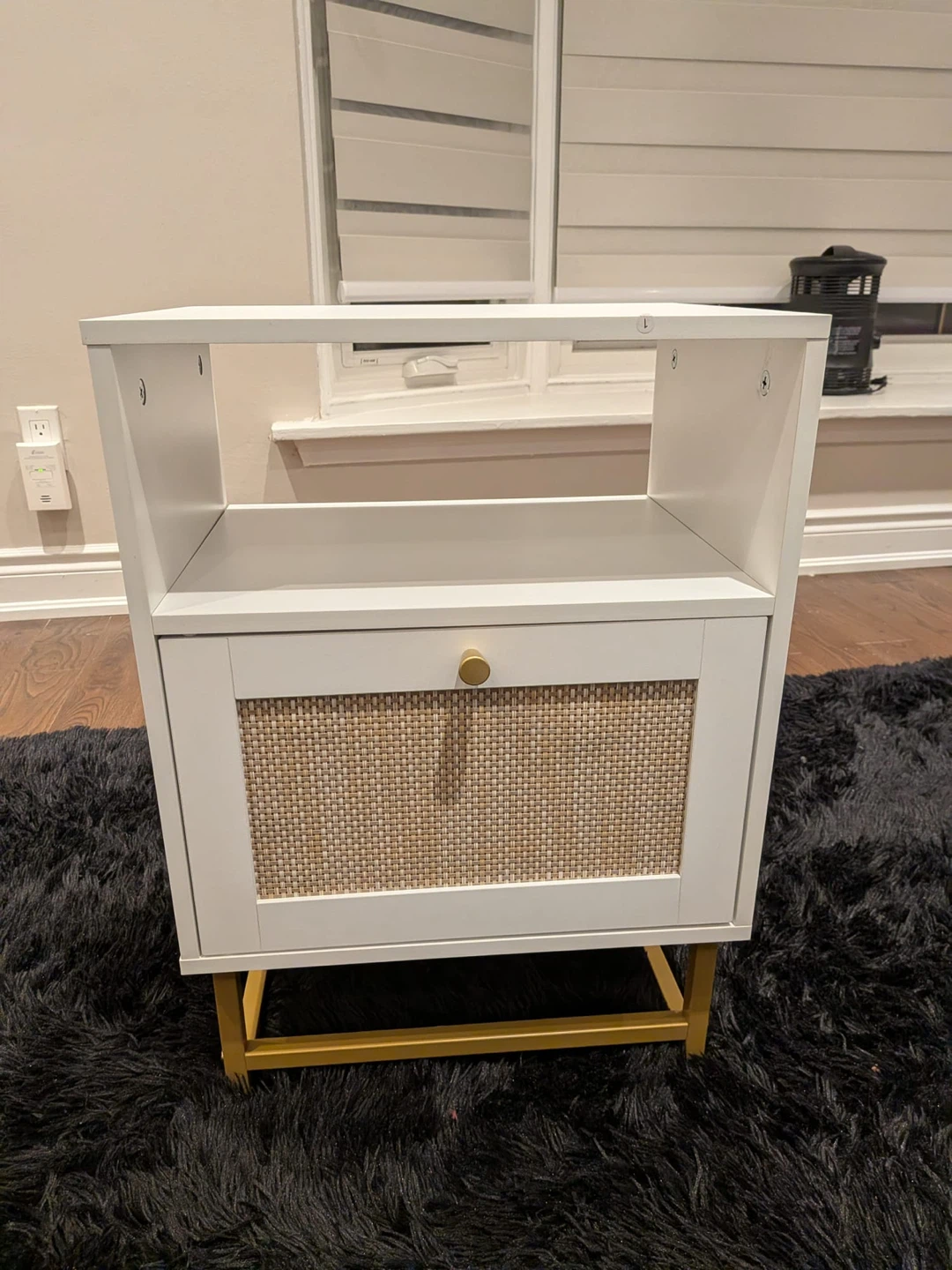 White Nightstand with Cane Drawer Front and Gold Legs - photo 2