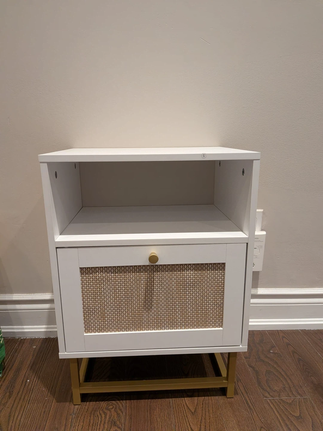White Nightstand with Cane Drawer Front and Gold Legs