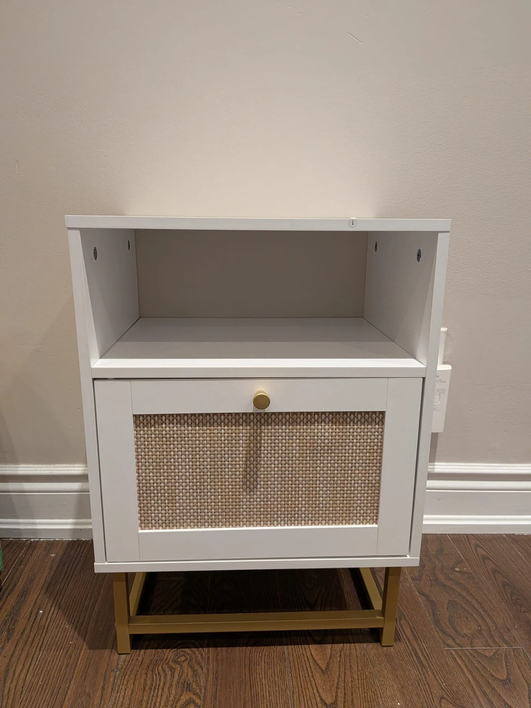 White Nightstand with Cane Drawer Front and Gold Legs - photo 3
