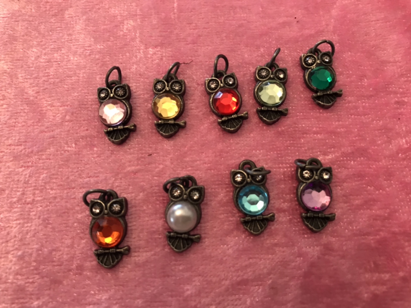 Set of 9 Owl Charms with Rhinestones