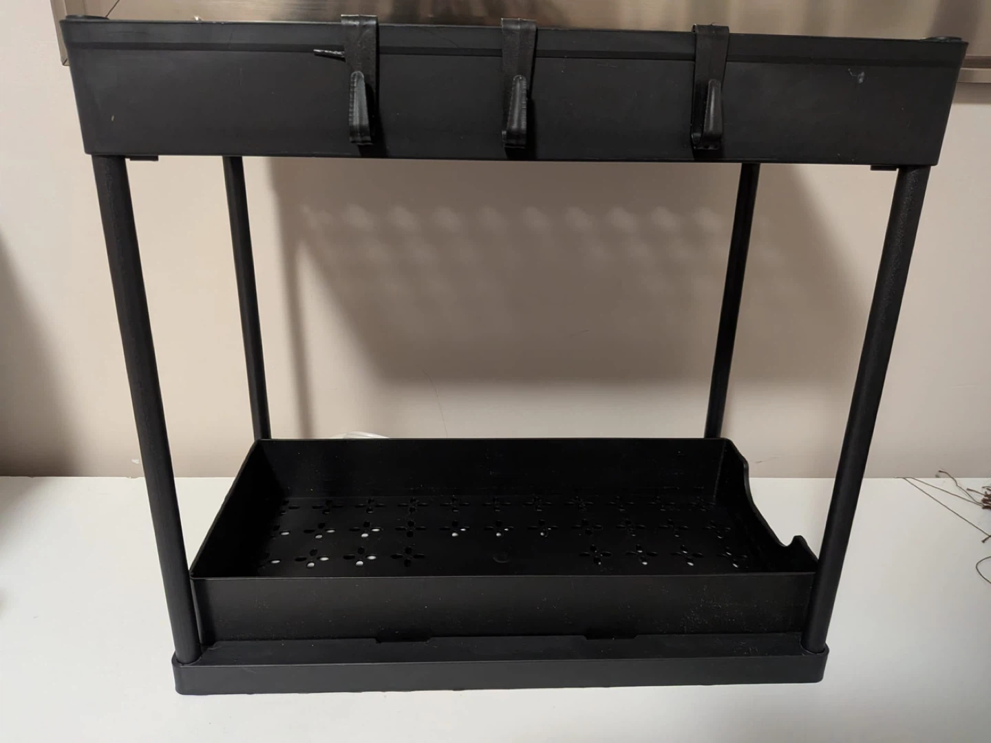 2-Tier Sliding Drawer Organizer Basket with Hooks - Black