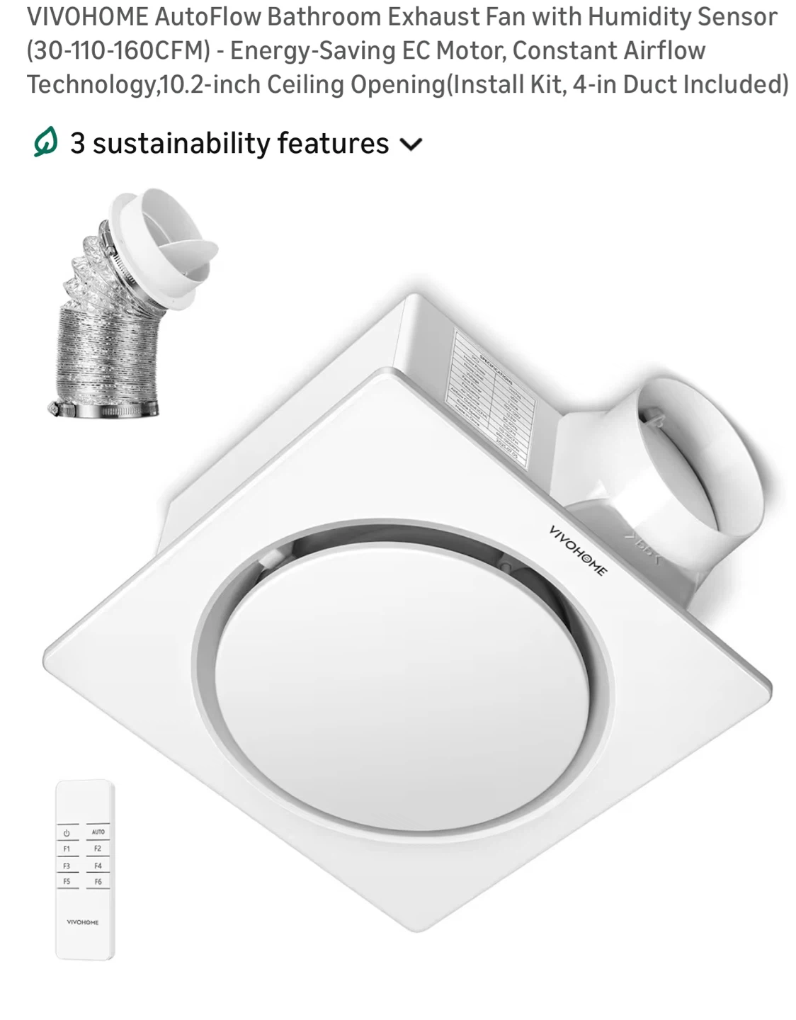 AutoFlow Bathroom Exhaust Fan Humidity Sensor and Remote EH4