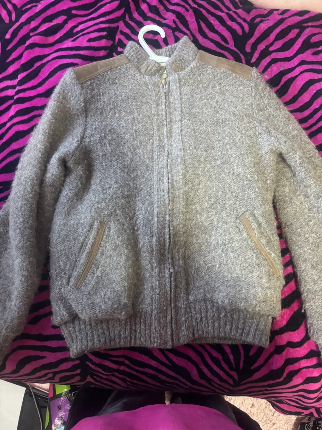 Grey Zip-Up Sweater with Suede Accents