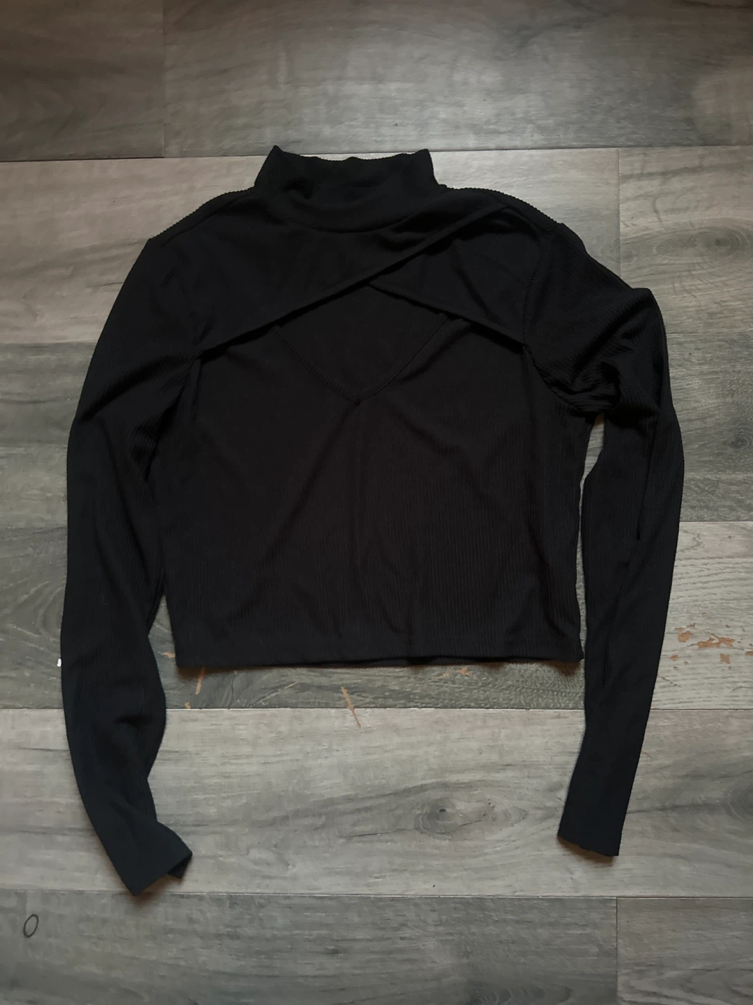 Black crop  Mock Neck Cut-Out Long Sleeve Top