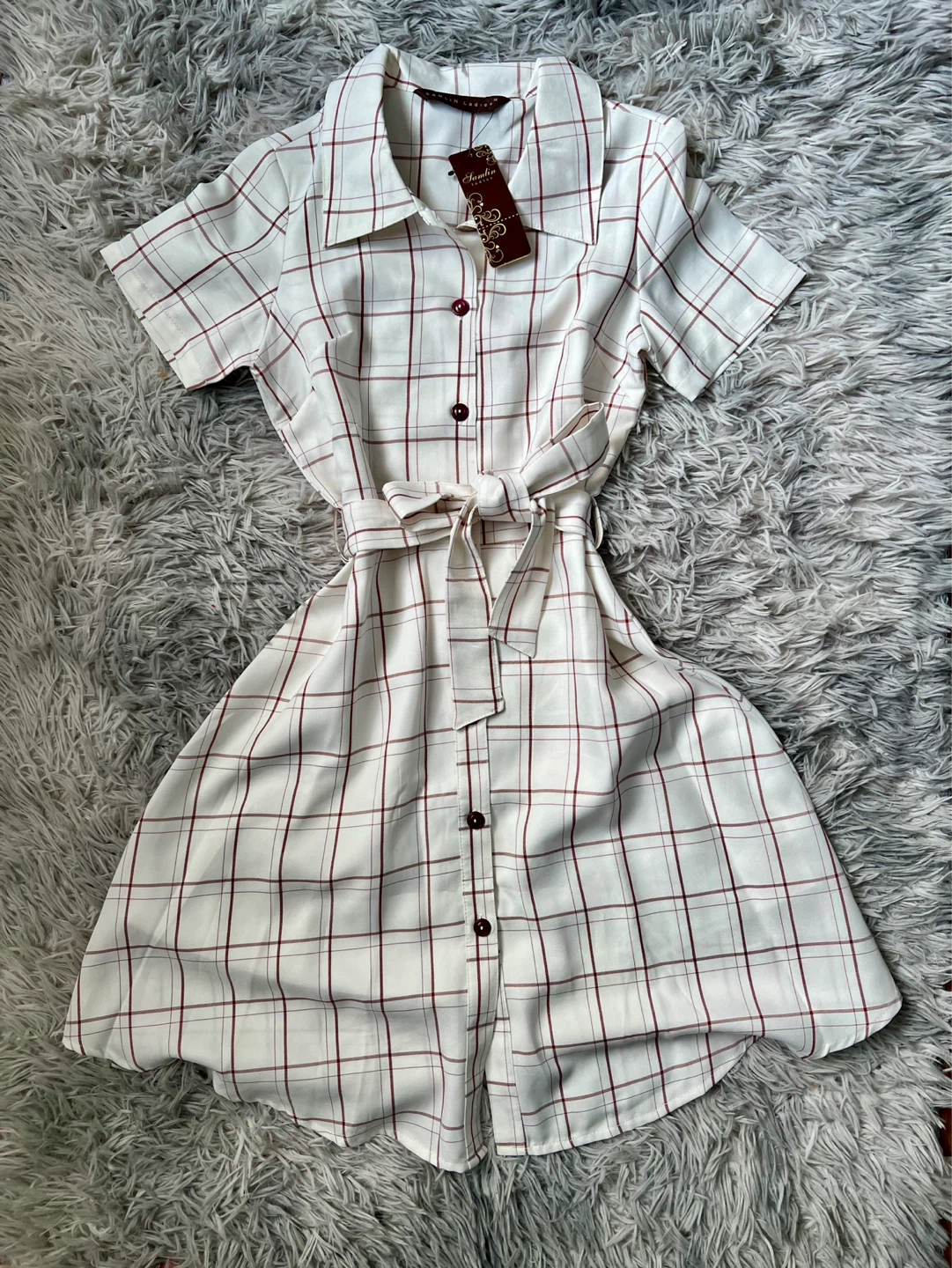 Red & White Plaid Belted Shirt Dress