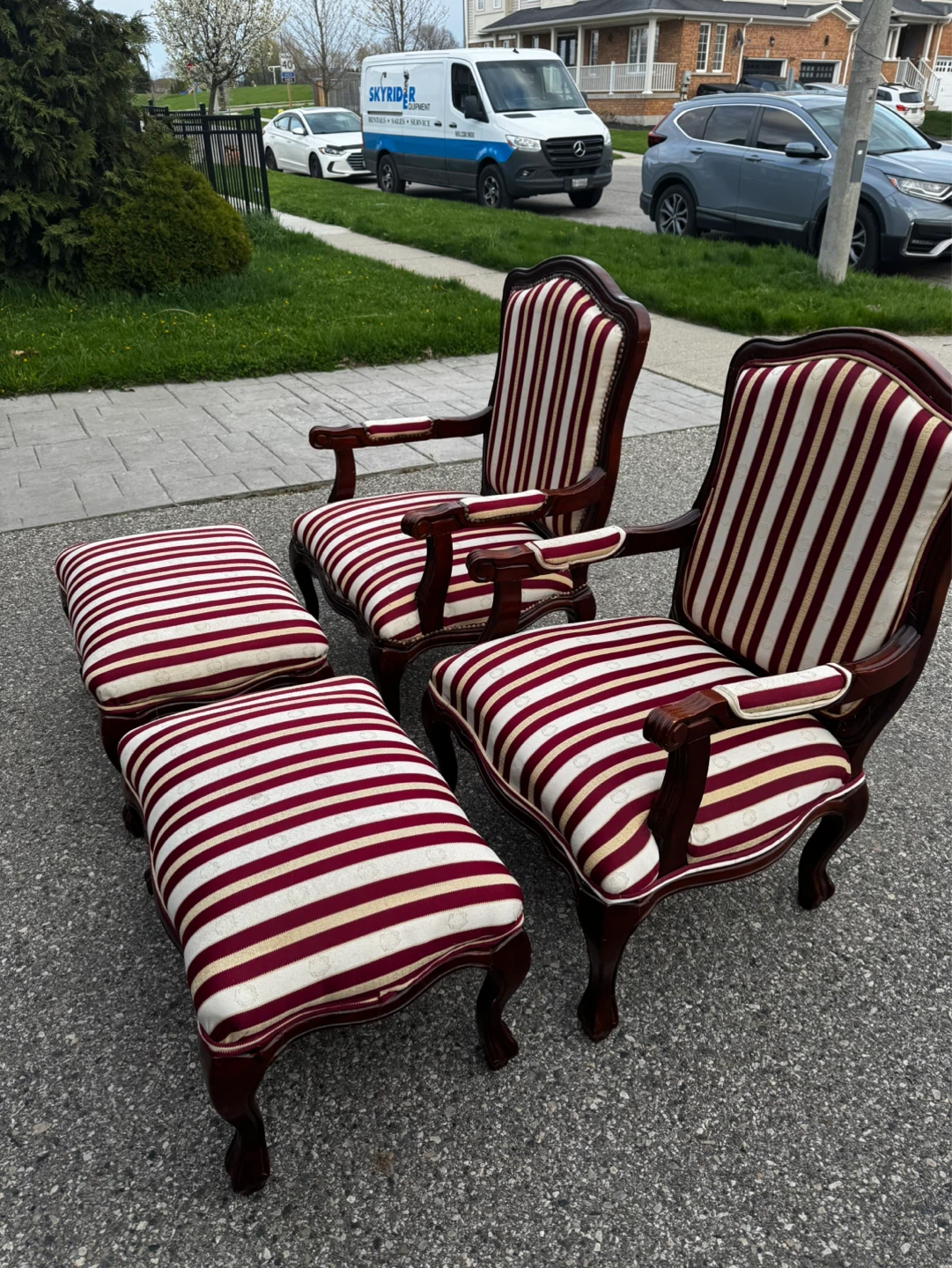 Pair of Accent Chairs with Ottomans - Burgundy Stripe
