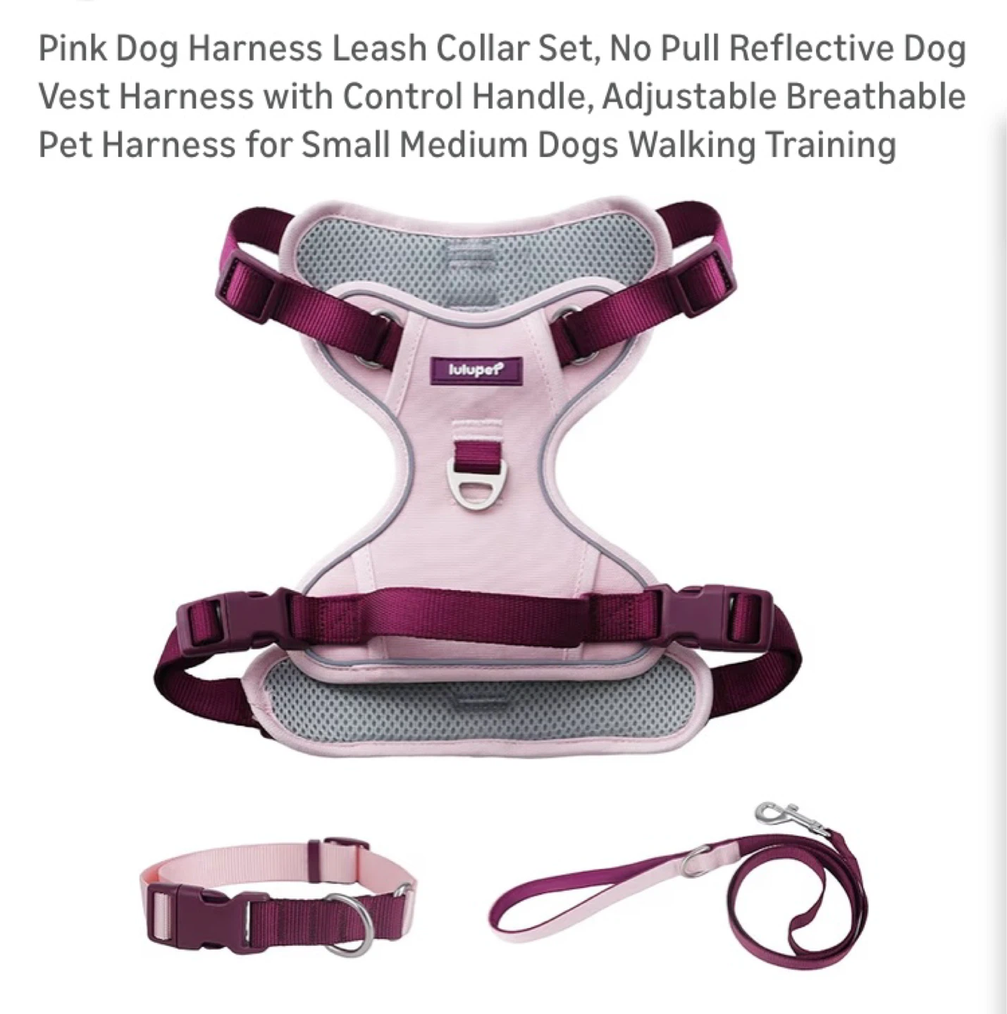 Lulupet Pink Dog Harness Leash Collar Set - Small/Medium