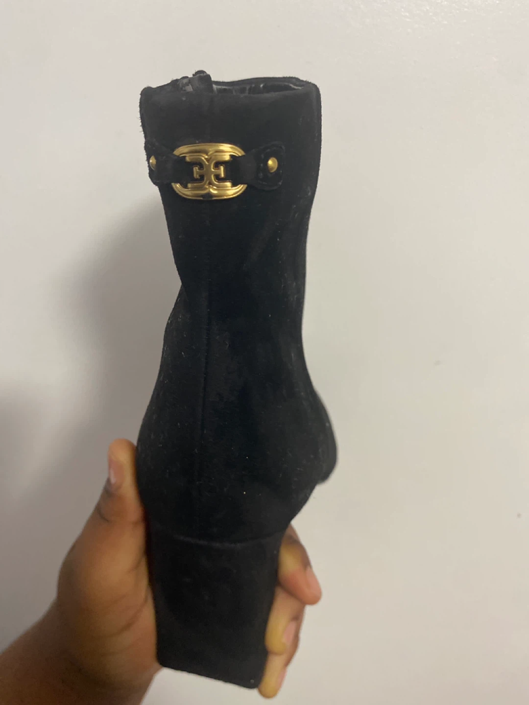 Black Suede Ankle Boots with Gold Buckle Detail
