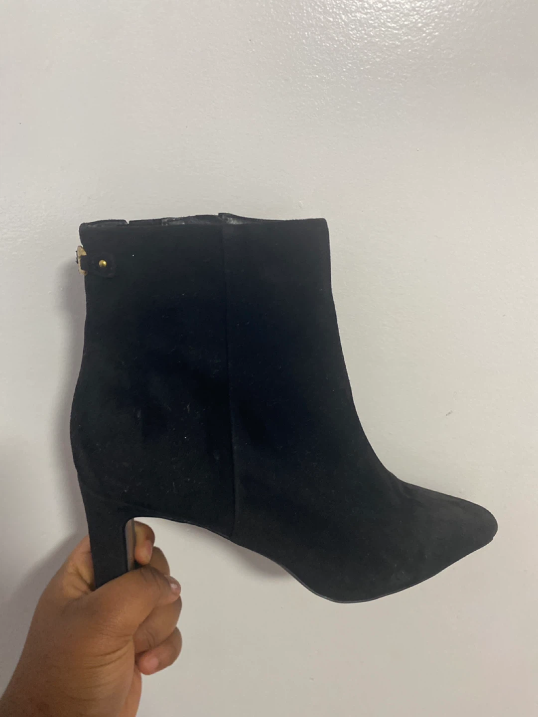 Black Suede Ankle Boots with Gold Buckle Detail - photo 2