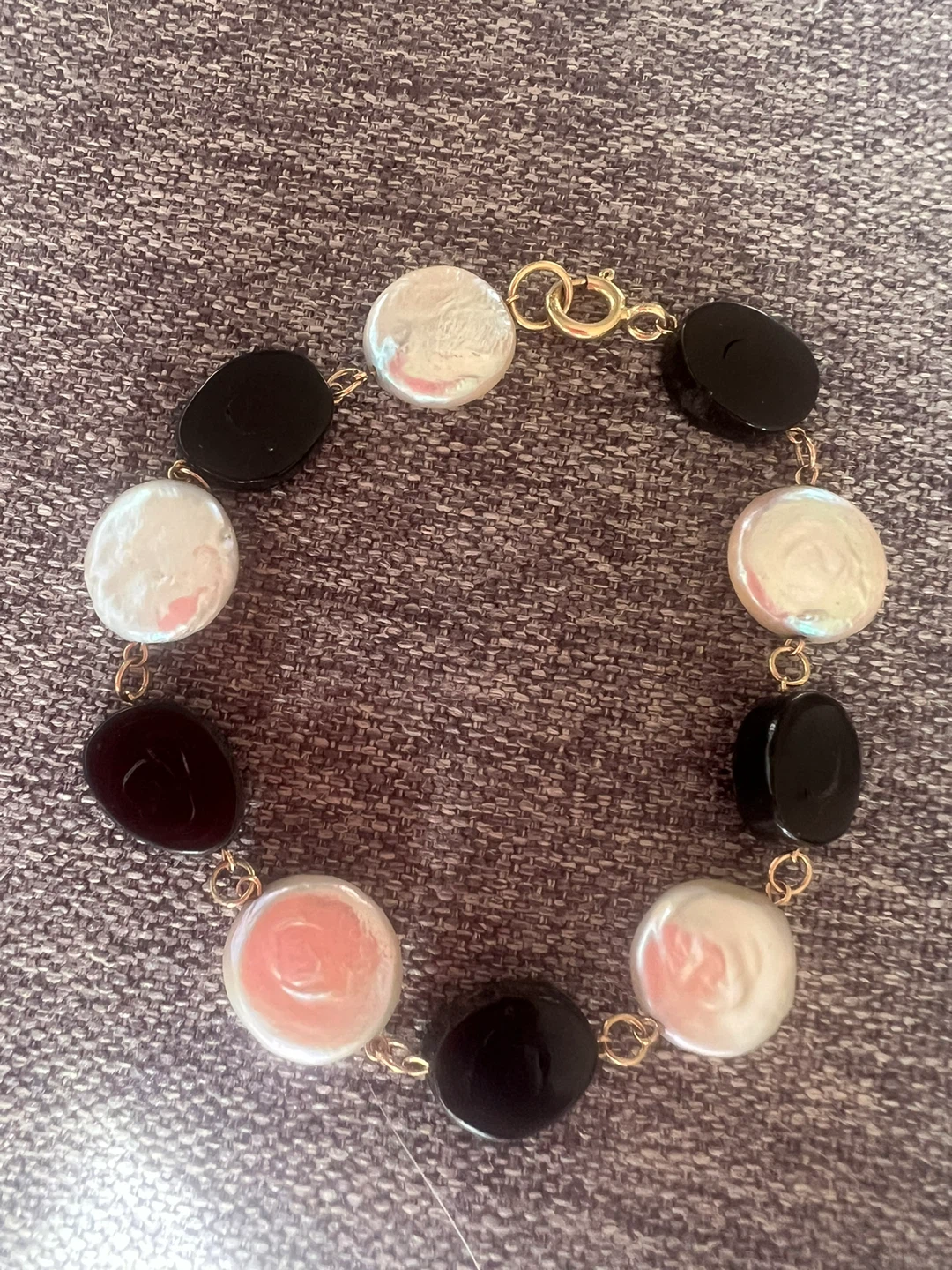 14 k  Ocean Dew Coin Pearl and black coral  Bracelet