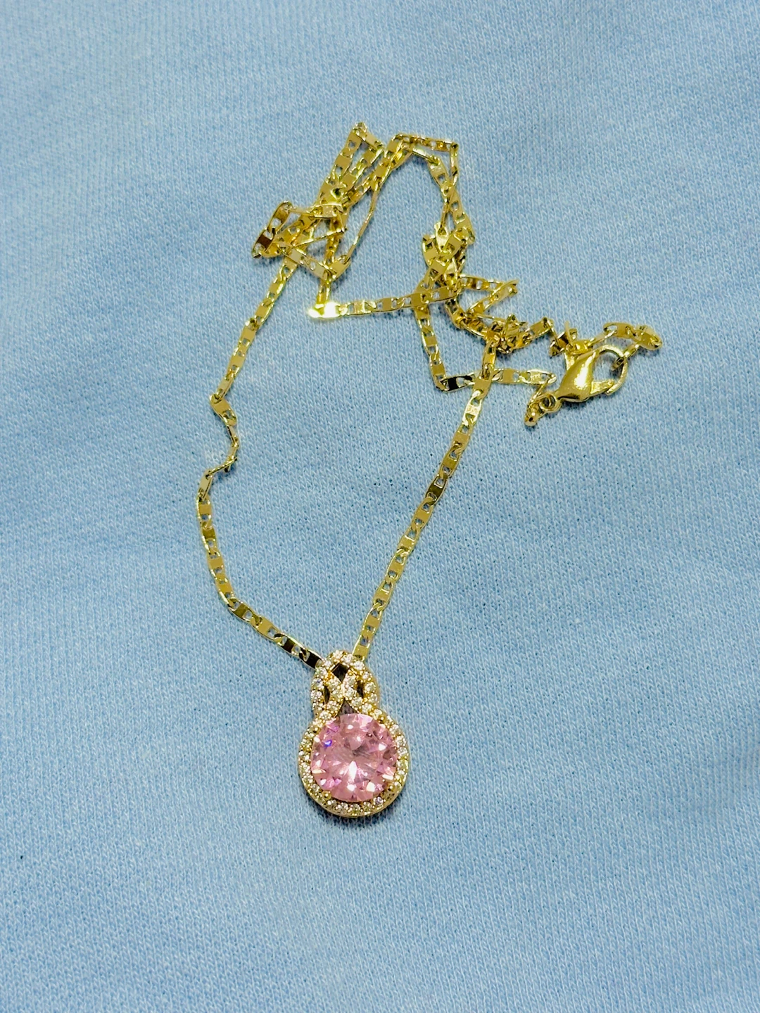 Gold Tone Necklace with Pink Crystal Pendant - photo 2