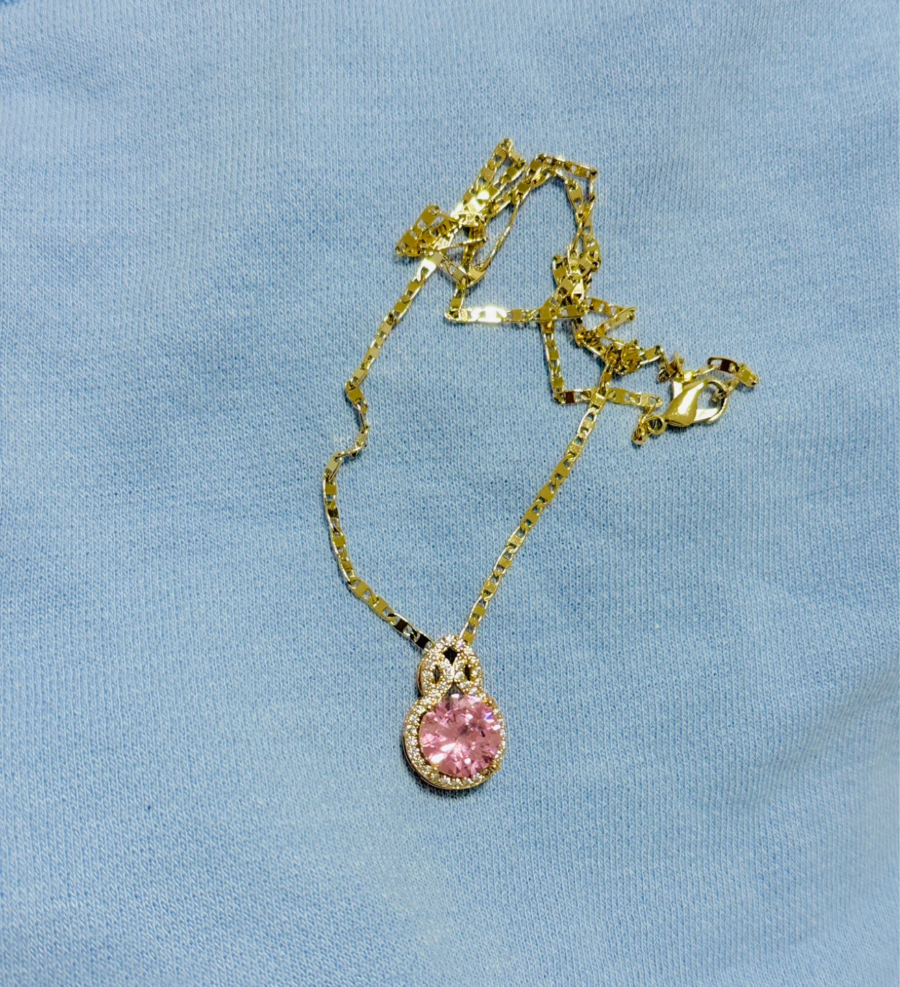 Gold Tone Necklace with Pink Crystal Pendant