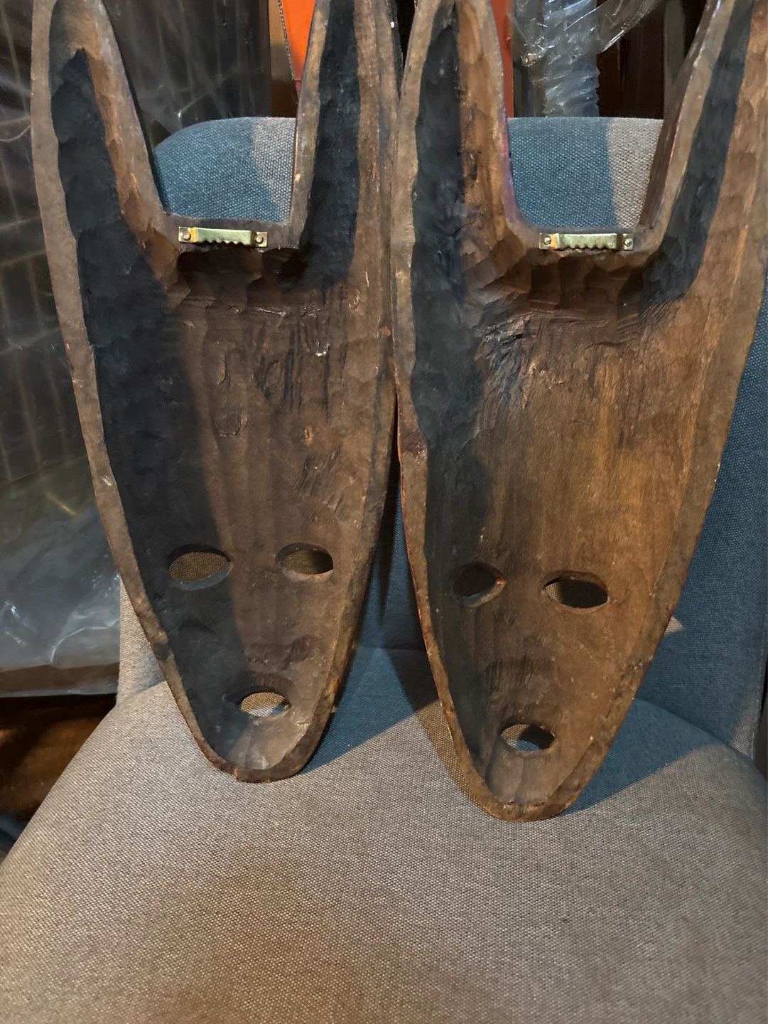 Pair of Wooden Tribal Masks with Horns - photo 2