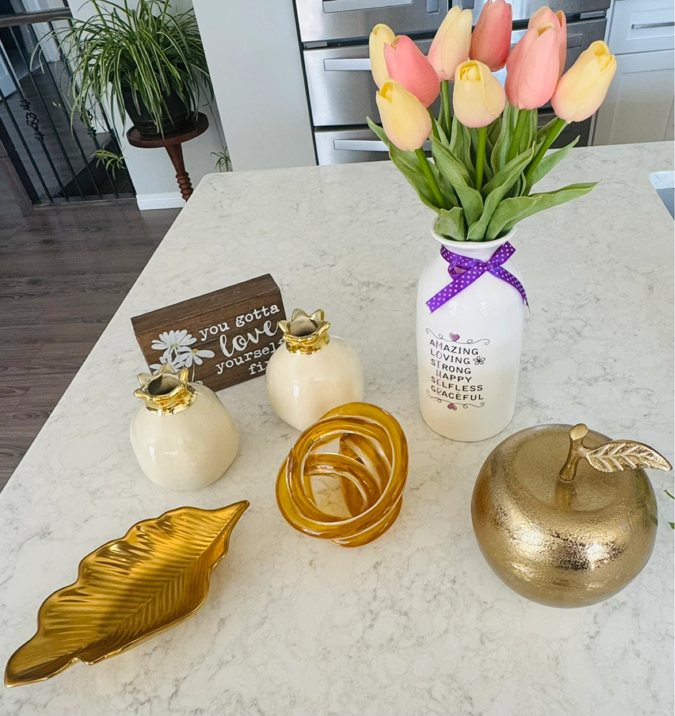 Home sense gold decor items fake flowers pot