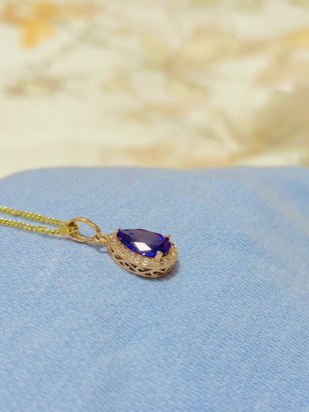 Gold Pendant Necklace with Blue Gemstone and Diamonds - photo 3