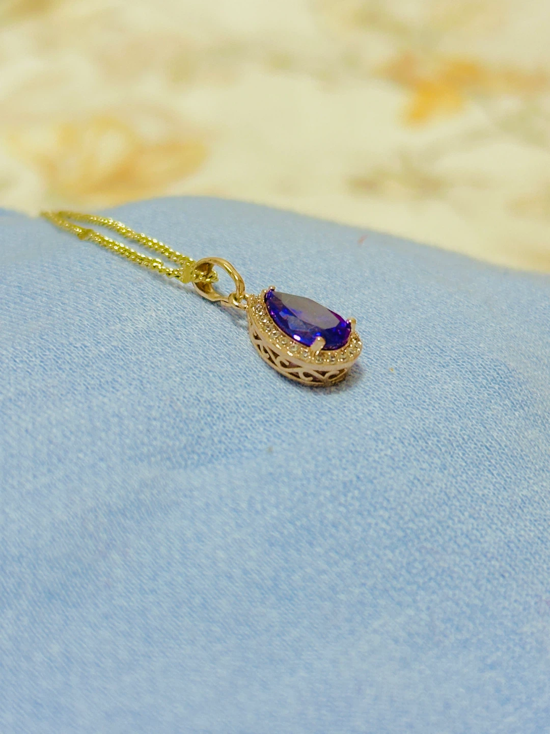 Gold Pendant Necklace with Blue Gemstone and Diamonds - photo 4