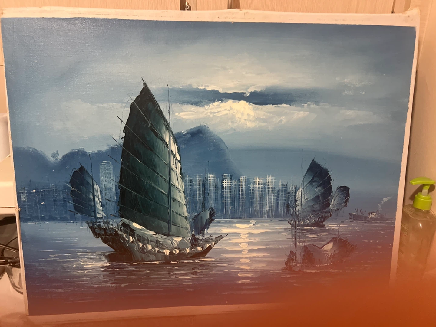 Oil Painting of Sailing Ships in a Harbour