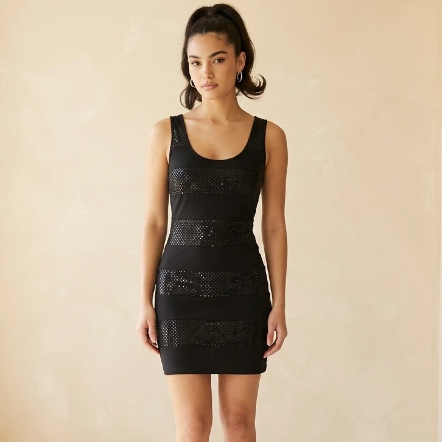 Express Mini Dress Black Foil Dot Striped Party Size XS