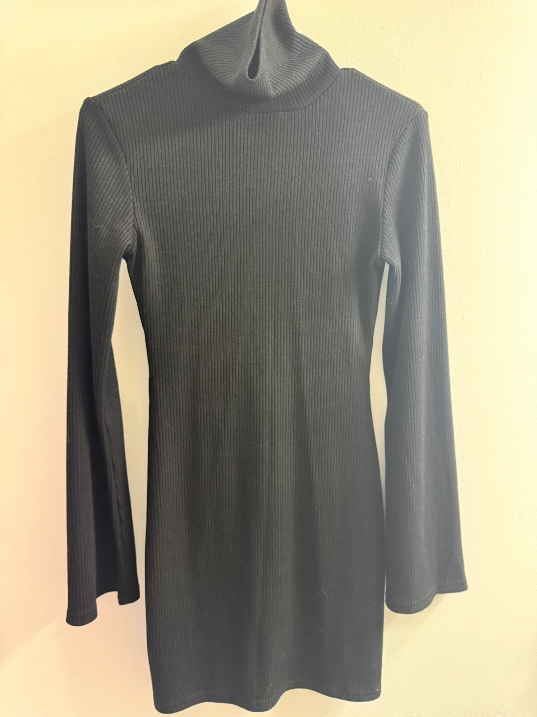 Black Ribbed Turtleneck Dress with Bell Sleeves