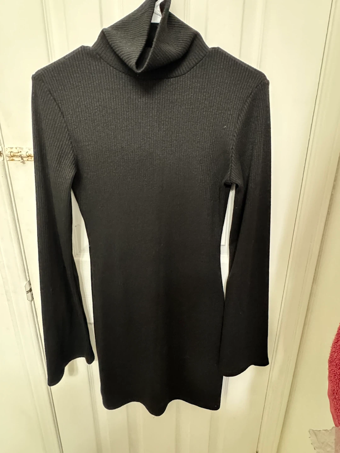 Black Ribbed Turtleneck Dress with Bell Sleeves - photo 3