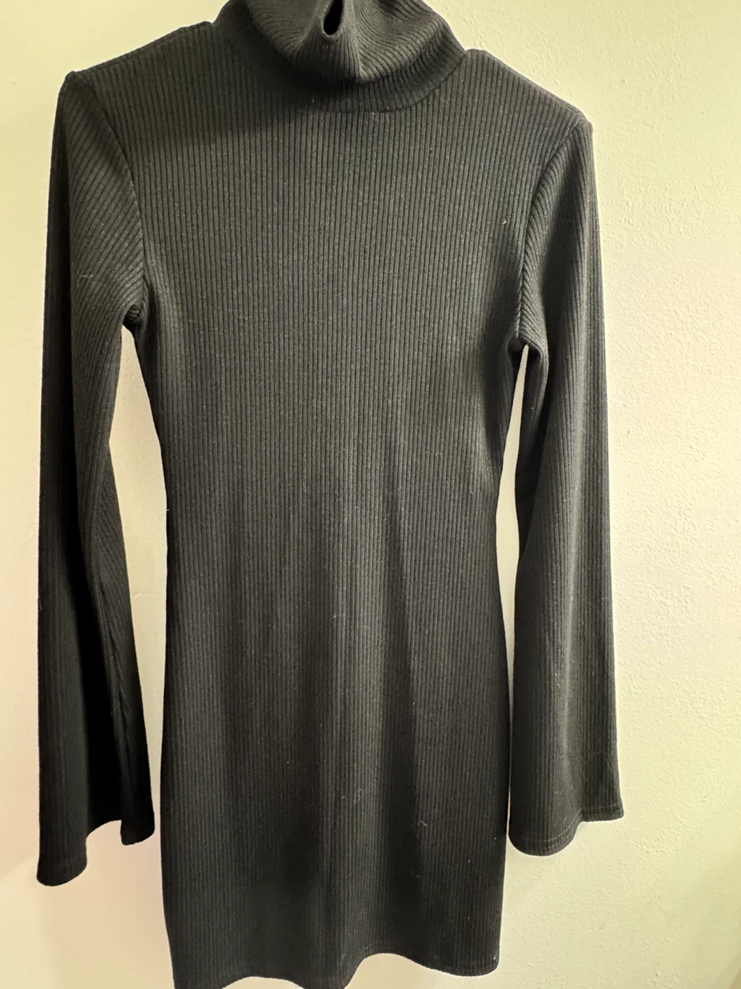 Black Ribbed Turtleneck Dress with Bell Sleeves - photo 4