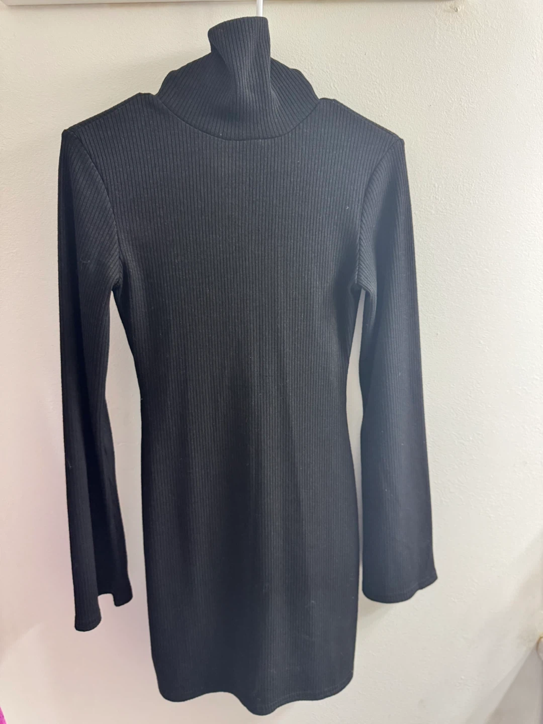 Black Ribbed Turtleneck Dress with Bell Sleeves - photo 2