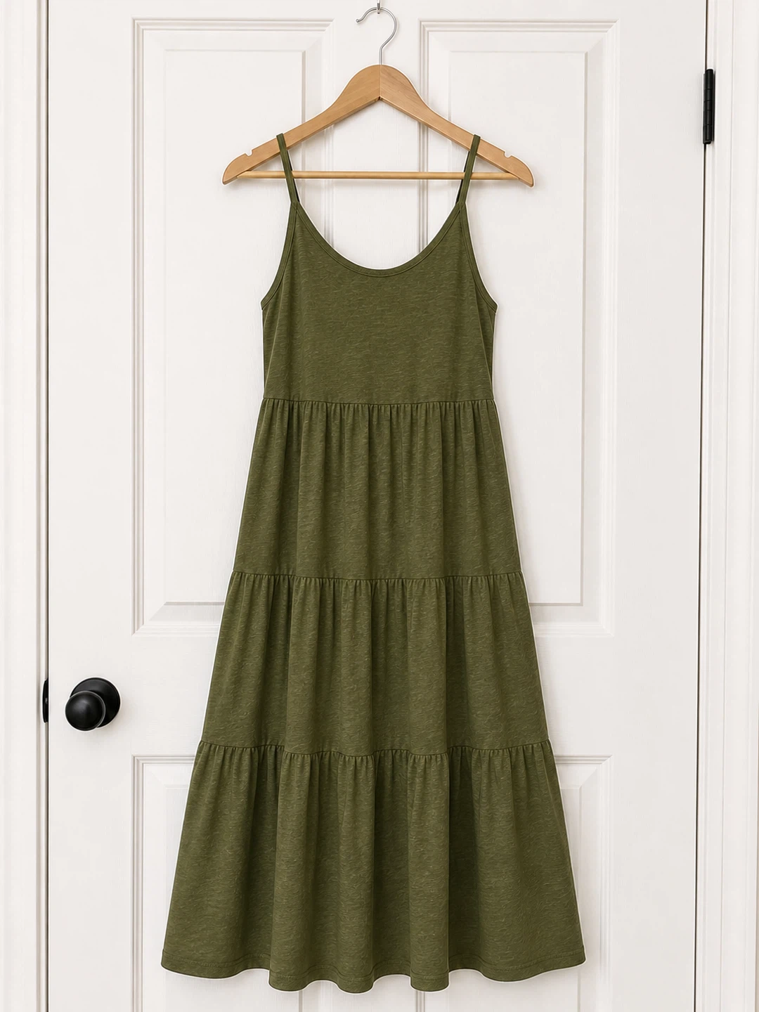 Olive Green Tiered Slub-Knit Midi Cami Swing Dress - photo 2