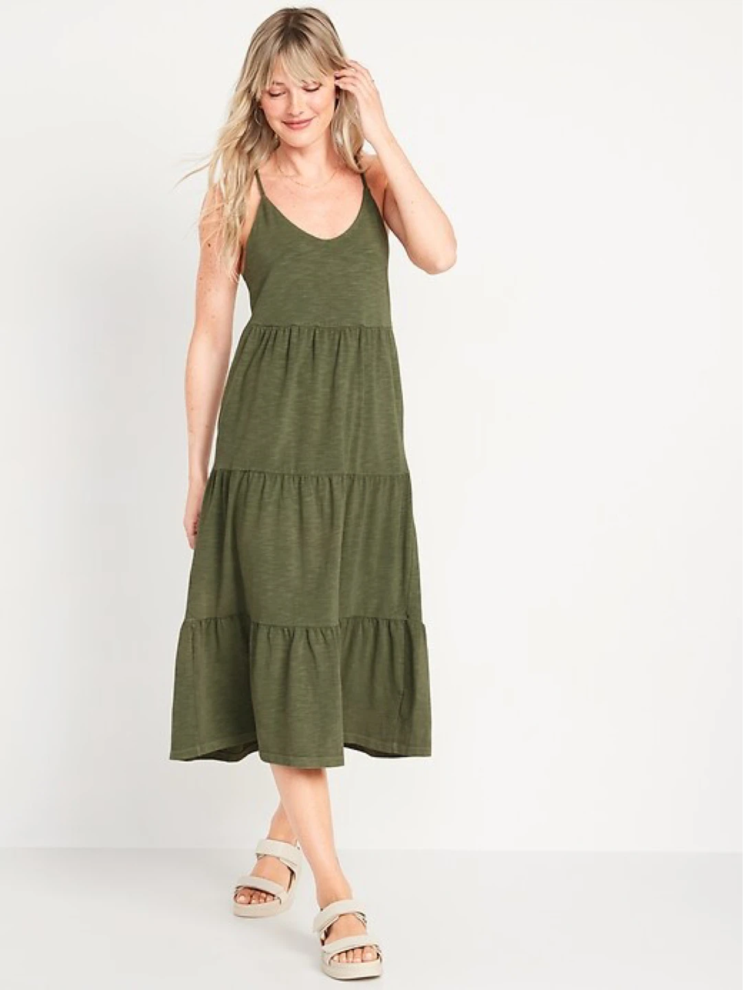 Olive Green Tiered Slub-Knit Midi Cami Swing Dress