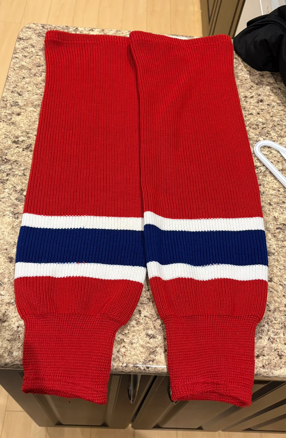 Red Hockey Socks with Blue and White Stripes