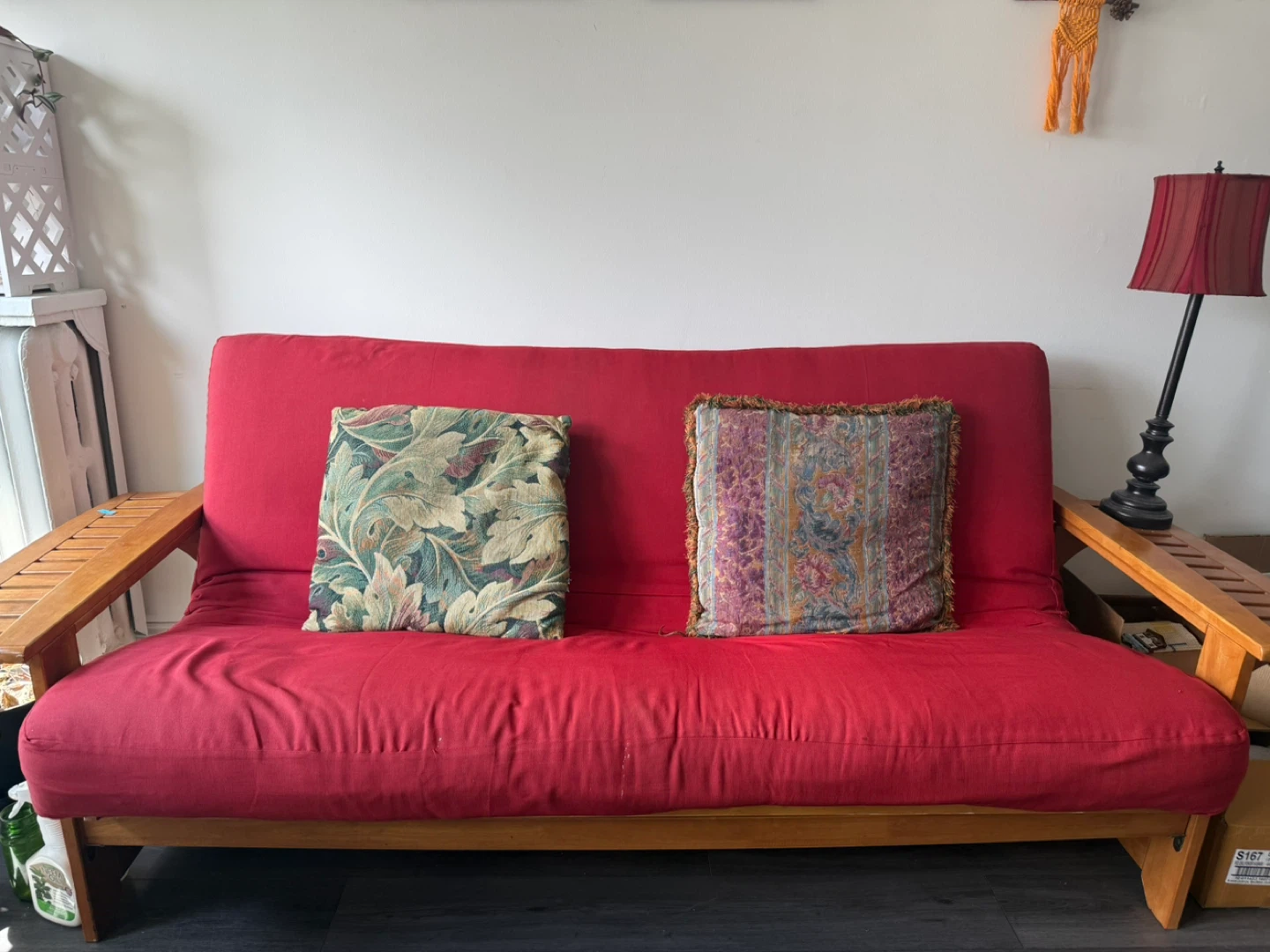 Red Futon Sofa with Wooden Frame